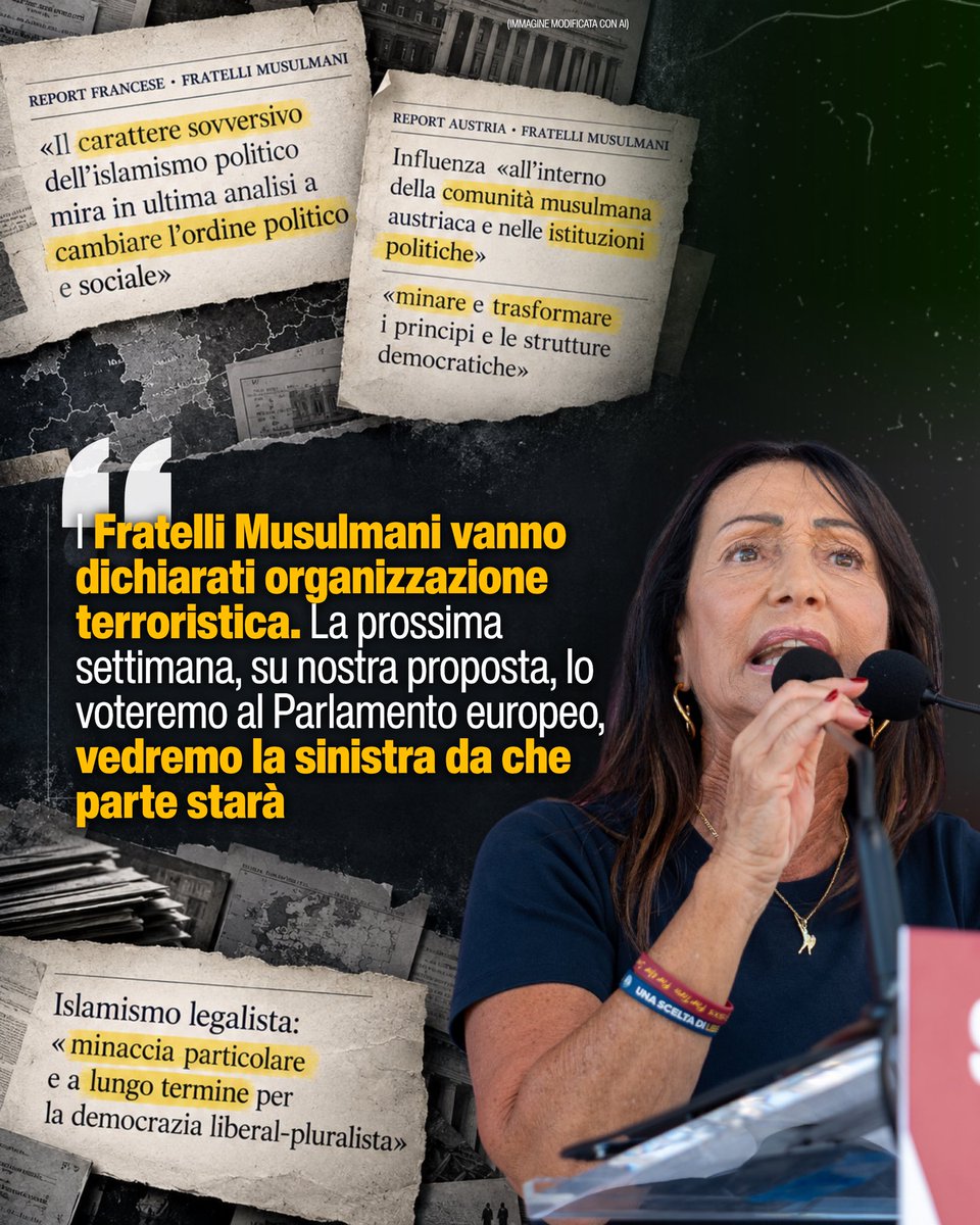 annacisint's tweet photo. I “Fratelli Musulmani” sono un’organizzazione sovversiva che mina le fondamenta della nostra democrazia in nome di Allah. A dirlo non siamo solo noi, ma anche le intelligence di mezza Europa.

In Italia e in tutta l’UE finanziano e aprono moschee per indottrinare i loro seguaci all’odio contro l’Occidente e provano sistematicamente a insinuarsi nelle nostre istituzioni, sfruttando il taxi elettorale della sinistra. 

Finalmente, grazie a noi, la prossima settimana al Parlamento europeo voteremo per inserirli nella lista delle organizzazioni terroristiche.

Vedremo chi sceglie di difendere la nostra democrazia o chi preferisce svenderci all’Islam più radicale!