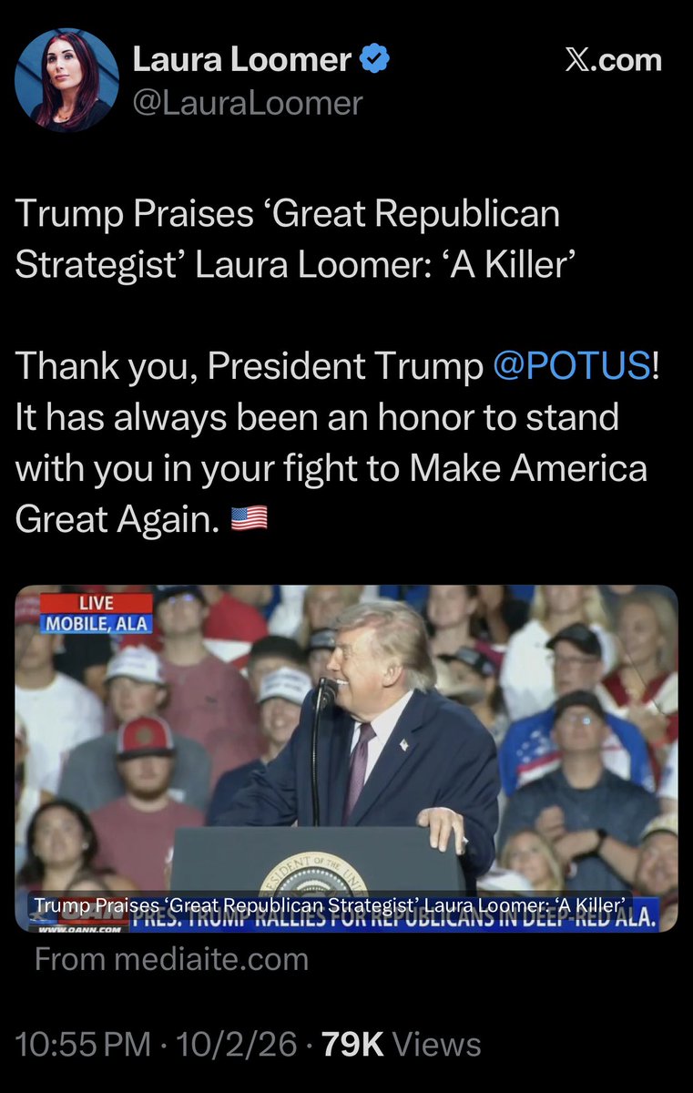 FmrRepMTG's tweet photo. Trump finally publicly told everyone that Laura Loomer is a Republican strategist. Also, she has been one of his closest advisers.
And look at the absolute SHIT SHOW his presidency has become with all time lowest approval ratings and the GOP on the verge of a midterm blood bath.
That’s what Trump and Republicans get for listening to two time congressional candidate LOSER, Laura Loomer! 
With my support Trump and Republicans won!
With Laura Loomer, they are losing BIGLY.
Sad for the country, but Trump and the GOP deserve it for making their bed with her insanity and betraying their campaign promises and voters. 
When Democrats sweep the midterms and impeach Trump, Laura Loomer will be one of the top “Great Republican Strategist” to blame! 
LOL!!