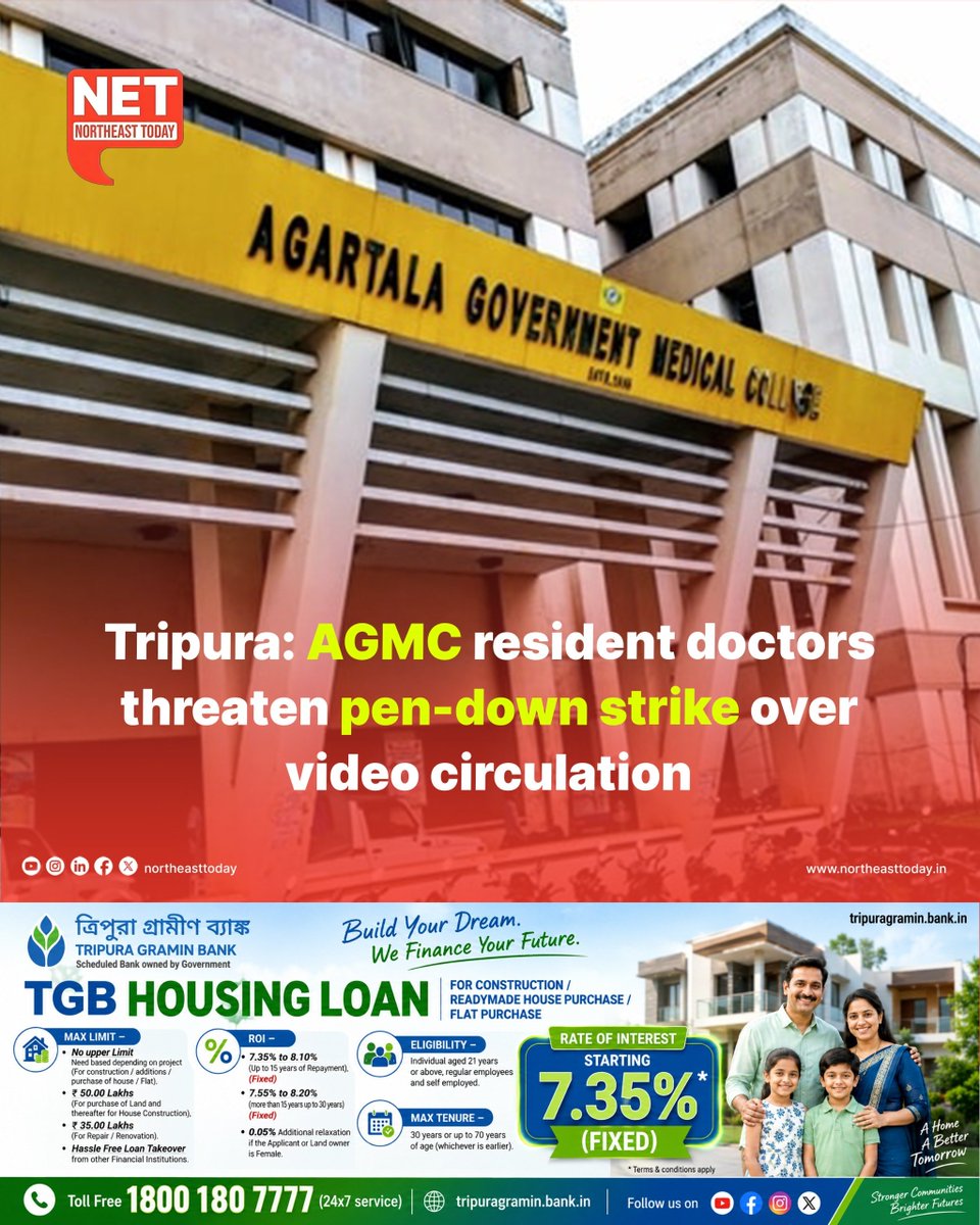 NortheastToday's tweet photo. #Tripura | Resident doctors and postgraduate trainees of Agartala Government Medical College (AGMC) and GB Pant Hospital have announced a possible pen-down strike from 9 am on October 5, demanding action over the alleged unauthorised recording and circulation of video and other content related to a recent incident involving a senior resident doctor.

Read more..
https://t.co/ZksHgrEFN4

#AGMC #GBPantHospital #Agartala #ResidentDoctors #PenDownStrike #Doctors #Protest #NortheastToday