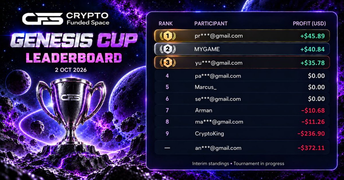 CryptoFundedSpc's tweet photo. Day 1 results are in. Registration closes in 2 days.

Traders are already climbing the leaderboard. It's not too late to catch up, but the window is closing fast.

Join the CFS Tournament now. https://t.co/sNdL7n6oup

#PropTrading #TradingTournament https://t.co/i39YE85SV9