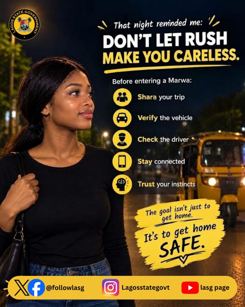followlasg's tweet photo. Someone is waiting for you to get home.
If you're traveling at night, don't let hurry make you careless. Take a moment to verify your ride, share your trip, stay connected, and remain aware of your surroundings.
Your journey doesn't end when you reach your destination—it ends when you get home safely. 💛

🚕 Stay alert. Stay connected. Get home safely.
🤝 Let’s look out for one another. Share this safety post with family and friends.
@jidesanwoolu
@gbenga_omo
@gboyegaakosile
@BarrBimbola
@Mr_JAGs @Riddwane
#AGreaterLagosRising
#LASG

#safetytips
#roadsafety
#nighttimesafety