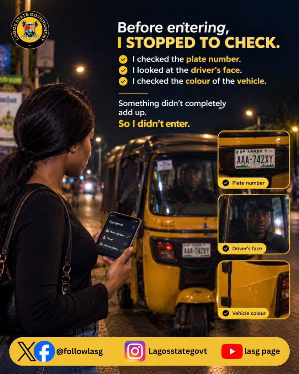 followlasg's tweet photo. Someone is waiting for you to get home.
If you're traveling at night, don't let hurry make you careless. Take a moment to verify your ride, share your trip, stay connected, and remain aware of your surroundings.
Your journey doesn't end when you reach your destination—it ends when you get home safely. 💛

🚕 Stay alert. Stay connected. Get home safely.
🤝 Let’s look out for one another. Share this safety post with family and friends.
@jidesanwoolu
@gbenga_omo
@gboyegaakosile
@BarrBimbola
@Mr_JAGs @Riddwane
#AGreaterLagosRising
#LASG

#safetytips
#roadsafety
#nighttimesafety