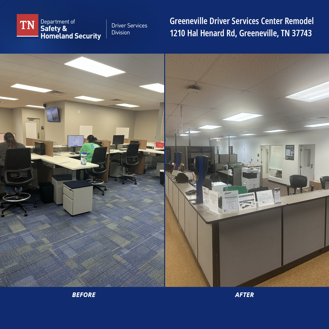 TNDeptofSafety's tweet photo. Check out the newly refurbished Greeneville Driver Services Center, 1210 Hal Henard Road. The refreshed space features new furniture, fresh paint, clearer signage, and updated lighting.

Learn more: https://t.co/yTncOIZdti https://t.co/IScZNLDnAP