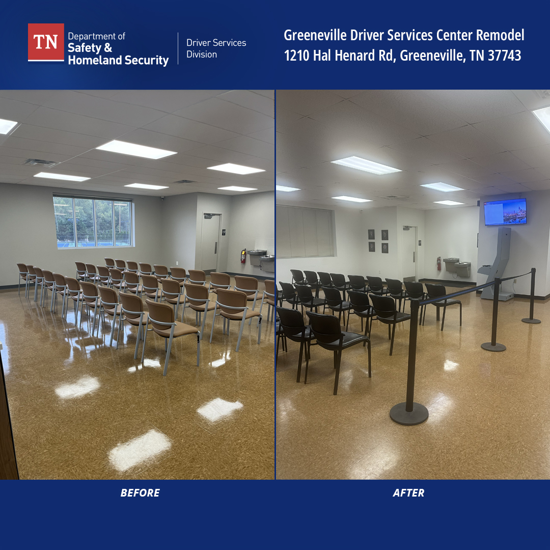 TNDeptofSafety's tweet photo. Check out the newly refurbished Greeneville Driver Services Center, 1210 Hal Henard Road. The refreshed space features new furniture, fresh paint, clearer signage, and updated lighting.

Learn more: https://t.co/yTncOIZdti https://t.co/IScZNLDnAP