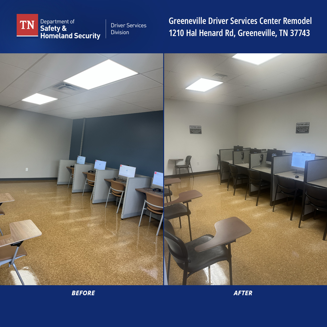 TNDeptofSafety's tweet photo. Check out the newly refurbished Greeneville Driver Services Center, 1210 Hal Henard Road. The refreshed space features new furniture, fresh paint, clearer signage, and updated lighting.

Learn more: https://t.co/yTncOIZdti https://t.co/IScZNLDnAP