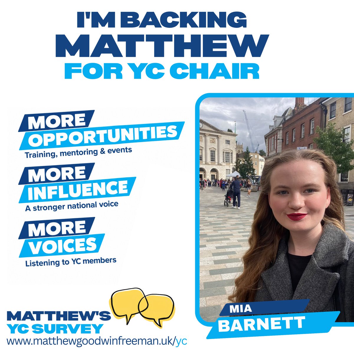 MGoodwinFreeman's tweet photo. 💙 Another endorsement for #TeamMatthew

Thank you Mia! Your endorsement means a lot as we bring YCs together across the UK!

Mia said: I’m backing Matthew for his proven track record of getting YCs elected and his commitment to bringing YC events outside the Westminster bubble making politics more accessible for us all.