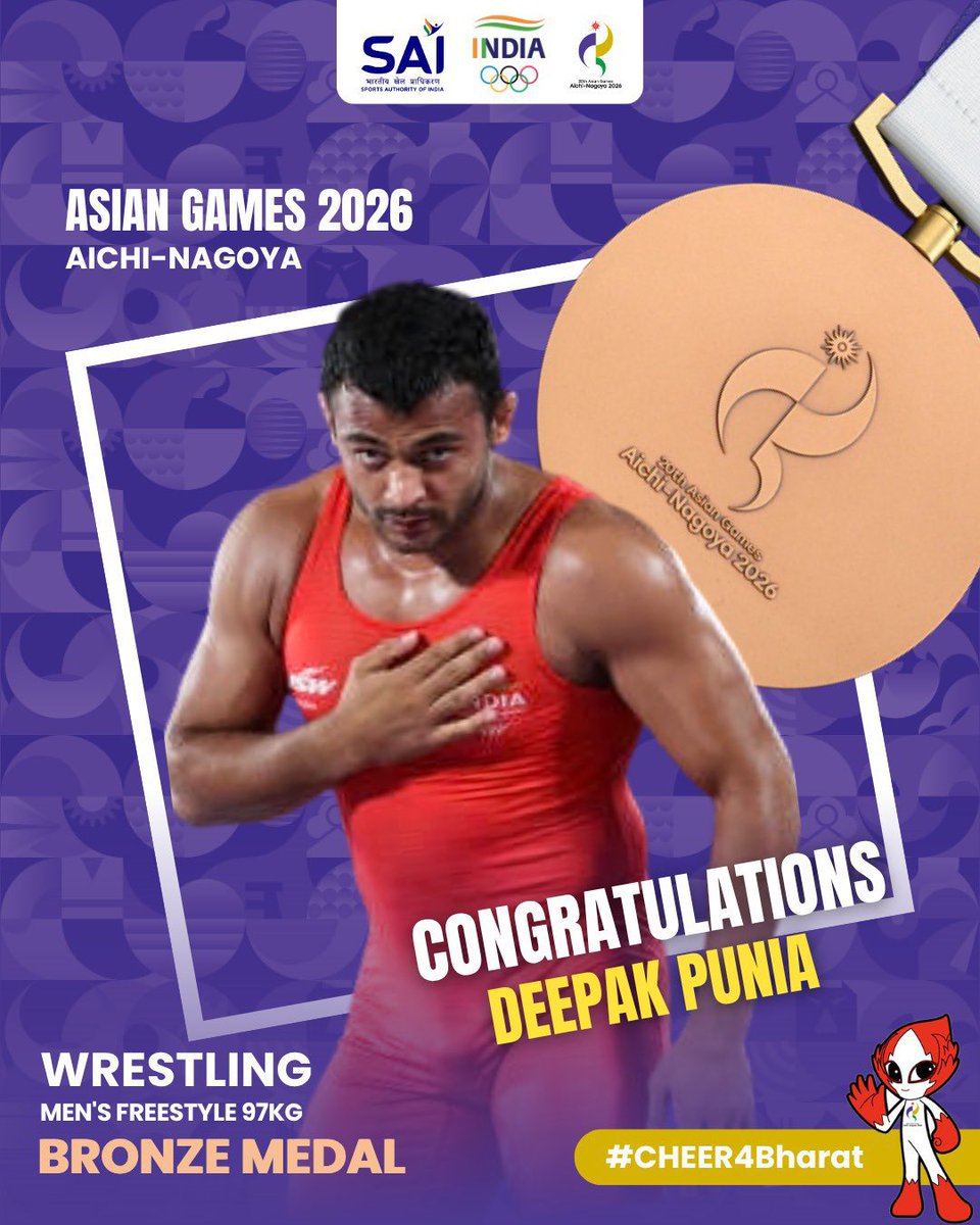 rajnathsingh's tweet photo. Congratulations to Deepak Punia on winning the Bronze Medal in the Men’s 97kg Freestyle Wrestling event at the Asian Games 2026.

May this achievement inspire him to reach even greater heights in the years ahead. My best wishes for his continued success. https://t.co/24c9xAZZ7x