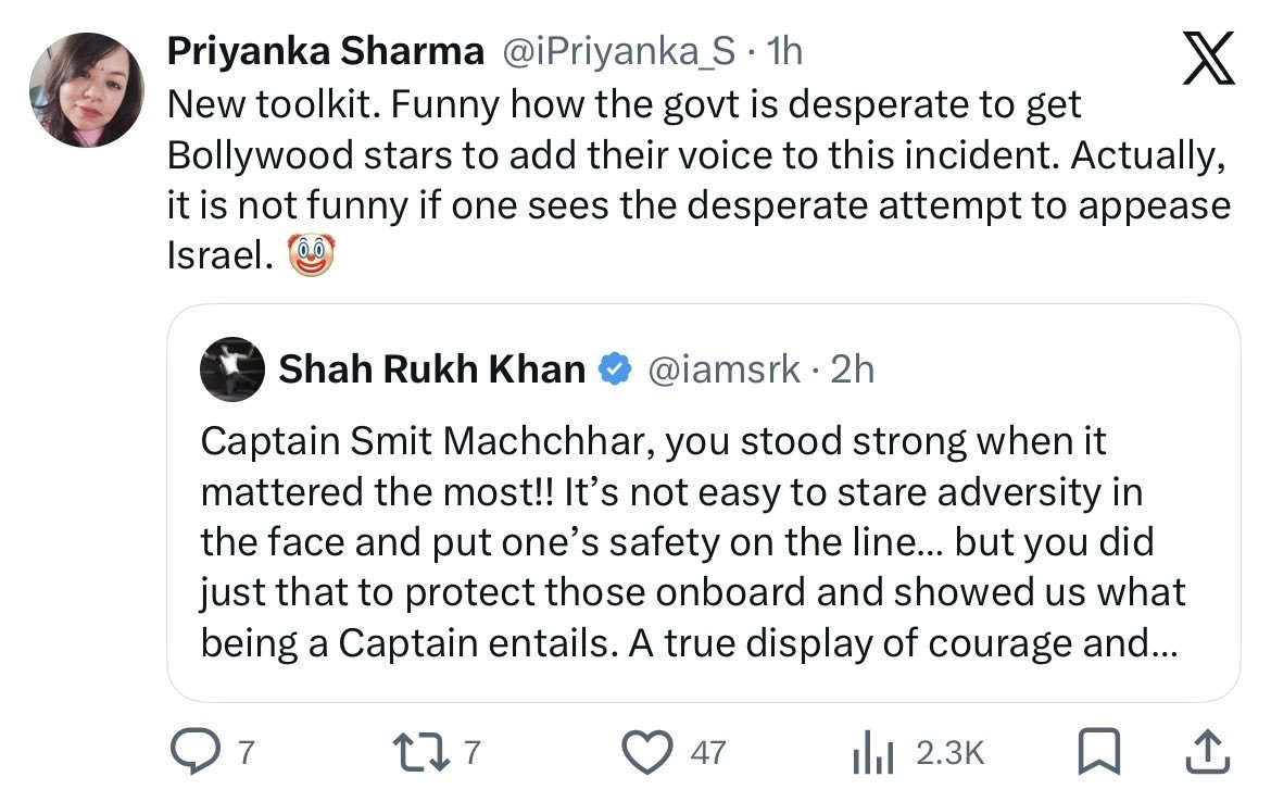 kkstau's tweet photo. I am with 👉 Plane Stupid 

Shah Rukh Khan is being cancelled for praising a pilot for saving 174 lives while fighting for his own. Khan said it took rare courage and that he was proud of a fellow countryman, Capt Smit. SRK didn't pass judgement on Israel or Gaza. He didn't say a word about either. But anti-Israel activists, Muslim IT Cell included, have already made him a collaborator in what they call a genocide. 

Salman Khan had walked into the same marsh a night earlier. “Kamaal kar diya pilot ji, hum sab aap ko salute karte hain will be a pleasure to fly with u.. Well done bro.” By morning the quote tweets had jibes like "Open your mouth on Palestine". Shame for not tweeting the Gaza “genocide.” Quiet on Gaza, full volume for what one handle called Sachin Machchar’s acting in an Israel-produced drama.

A lot of world leaders praised Capt Smit and a lot didn't. Strangely, it's the ones who stayed quiet who are getting trolled for it. Their reasons are electoral. Capt Smit's actions saved Jews, and that doesn't sit well with a section of their voters in their respective countries. Their silence isn't ignorance or rudeness, it's deliberate thanks to the arithmetic.

Our own netas did their sums too. Some didn't tweet at all, just to stay clear of controversy. Because it involves Jews, an Indian saving them, and not cricket, or waterlogging, many motormouths have nothing to say.

But Asaduddin Owaisi stands out because he makes a distinction between Muslims and Islamists. He is one of the loudest voices against Israel's actions in Gaza, and no one's confused about that. Yet he praised Capt Smit without any hedging, for saving 174 lives. Both things in one head. In Indian politics and on Indian social media that's an endangered species.

Among right-wing politicians outside the BJP, there are not many, one can't but admire Mr Owaisi. He calls a spade a spade, and when a compliment is due, he pays it. You can oppose Israel for political reasons but at the same time hail an Indian pilot for saving lives, that they were Israelis should not matter. Humanity above faith. That plain truth can't be controversial.

Khan said thank you, Salman said well done, bro. To a hero pilot. Somehow that's controversial to say. Ye desh ka political compass hai