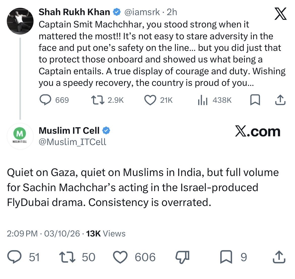 kkstau's tweet photo. I am with 👉 Plane Stupid 

Shah Rukh Khan is being cancelled for praising a pilot for saving 174 lives while fighting for his own. Khan said it took rare courage and that he was proud of a fellow countryman, Capt Smit. SRK didn't pass judgement on Israel or Gaza. He didn't say a word about either. But anti-Israel activists, Muslim IT Cell included, have already made him a collaborator in what they call a genocide. 

Salman Khan had walked into the same marsh a night earlier. “Kamaal kar diya pilot ji, hum sab aap ko salute karte hain will be a pleasure to fly with u.. Well done bro.” By morning the quote tweets had jibes like "Open your mouth on Palestine". Shame for not tweeting the Gaza “genocide.” Quiet on Gaza, full volume for what one handle called Sachin Machchar’s acting in an Israel-produced drama.

A lot of world leaders praised Capt Smit and a lot didn't. Strangely, it's the ones who stayed quiet who are getting trolled for it. Their reasons are electoral. Capt Smit's actions saved Jews, and that doesn't sit well with a section of their voters in their respective countries. Their silence isn't ignorance or rudeness, it's deliberate thanks to the arithmetic.

Our own netas did their sums too. Some didn't tweet at all, just to stay clear of controversy. Because it involves Jews, an Indian saving them, and not cricket, or waterlogging, many motormouths have nothing to say.

But Asaduddin Owaisi stands out because he makes a distinction between Muslims and Islamists. He is one of the loudest voices against Israel's actions in Gaza, and no one's confused about that. Yet he praised Capt Smit without any hedging, for saving 174 lives. Both things in one head. In Indian politics and on Indian social media that's an endangered species.

Among right-wing politicians outside the BJP, there are not many, one can't but admire Mr Owaisi. He calls a spade a spade, and when a compliment is due, he pays it. You can oppose Israel for political reasons but at the same time hail an Indian pilot for saving lives, that they were Israelis should not matter. Humanity above faith. That plain truth can't be controversial.

Khan said thank you, Salman said well done, bro. To a hero pilot. Somehow that's controversial to say. Ye desh ka political compass hai