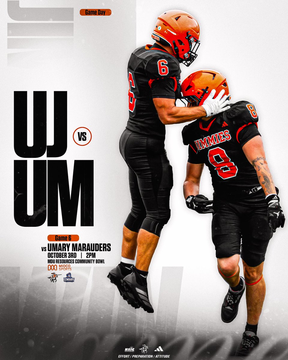 JimmieFootball's tweet photo. GAMEDAY‼️
🆚 @UMaryFootball 
📍Bismarck, ND
📺 NSIC Network

#EPA | #JimmiePride https://t.co/fTsvz5HR6g