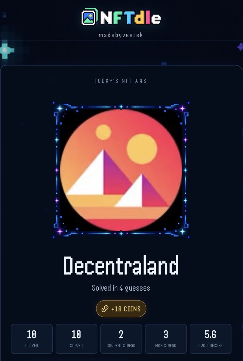 veetek_who's tweet photo. Yesterday’s NFTdle collection was an OG @decentraland 🧩
Did you get it?
#NFTdle https://t.co/ivSNSdMzMy