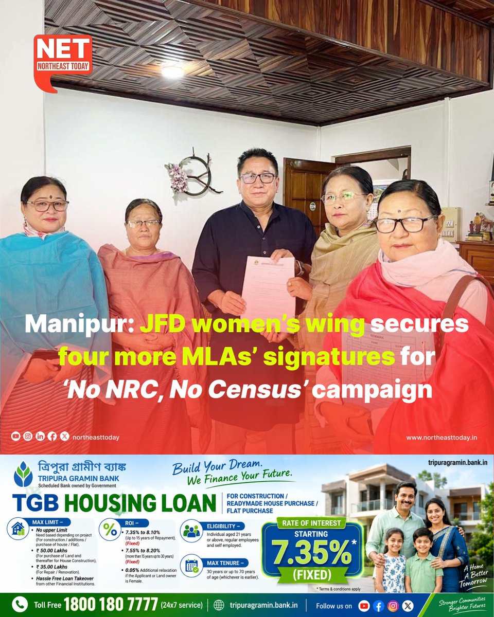 NortheastToday's tweet photo. #Manipur | The Women’s Wing of the Justice and Fair Delimitation (JFD), Manipur, on Saturday claimed to have secured the signatures of four more MLAs in support of its campaign against the implementation of the National Register of Citizens (NRC) based on the 1951 register and the conduct of the Census in the state until the NRC issue is resolved.

Read more..
https://t.co/2fv0uAKkac

#Manipur #JusticeAndFairDelimitation #NRC #Census2026 #ManipurPolitics #JFD #NortheastToday