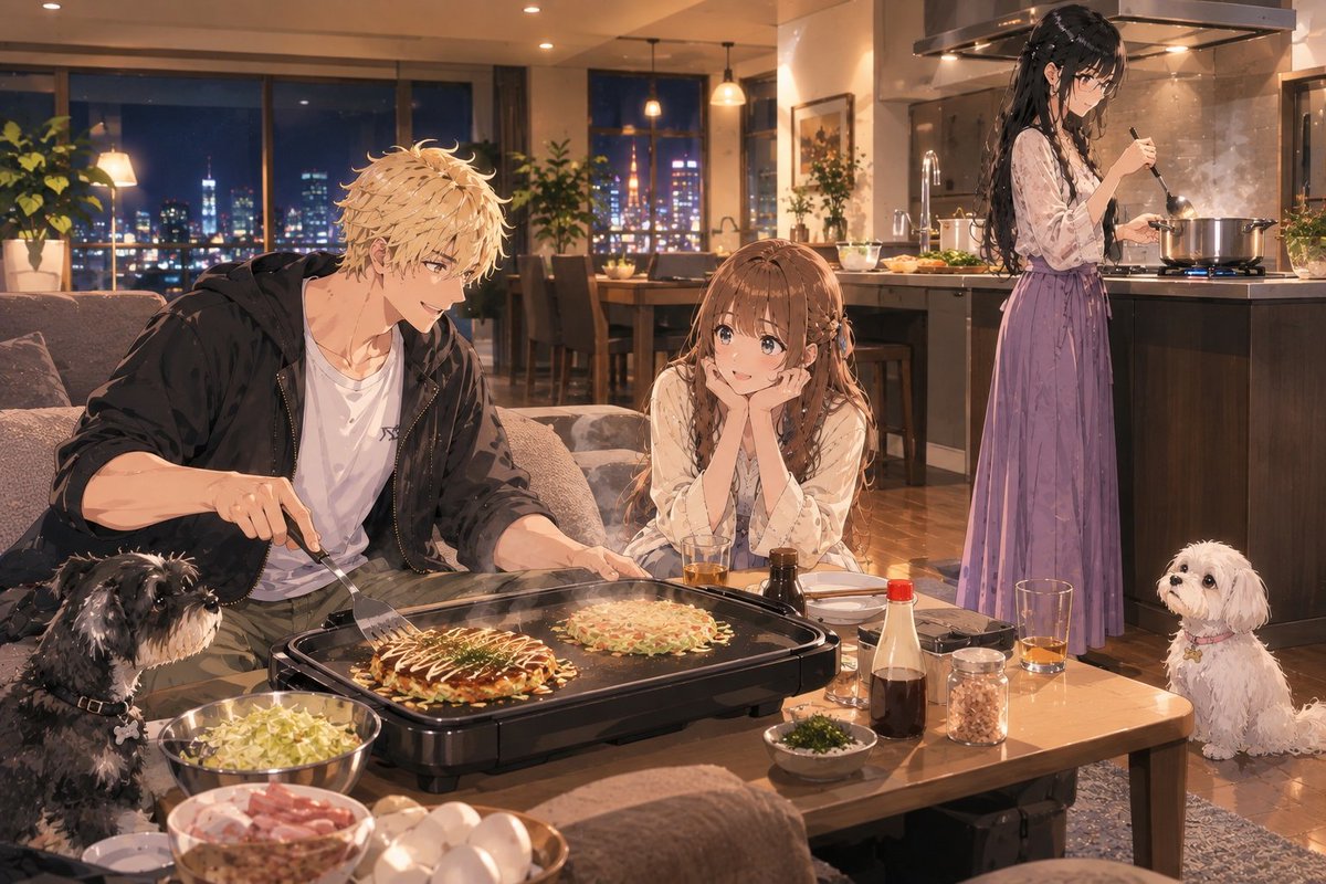 Gakuxjp's tweet photo. お疲れ様です🌠
腹を空かせて待っていた妹の為にお好み焼きを焼く😁
彼女はワンタンスープ作ってる
兄ちゃんがとびっきりのお好み焼き作ってやるからな😁
本日も1日お疲れさまでした👍️

#AI日常 https://t.co/Sd433bA3wt