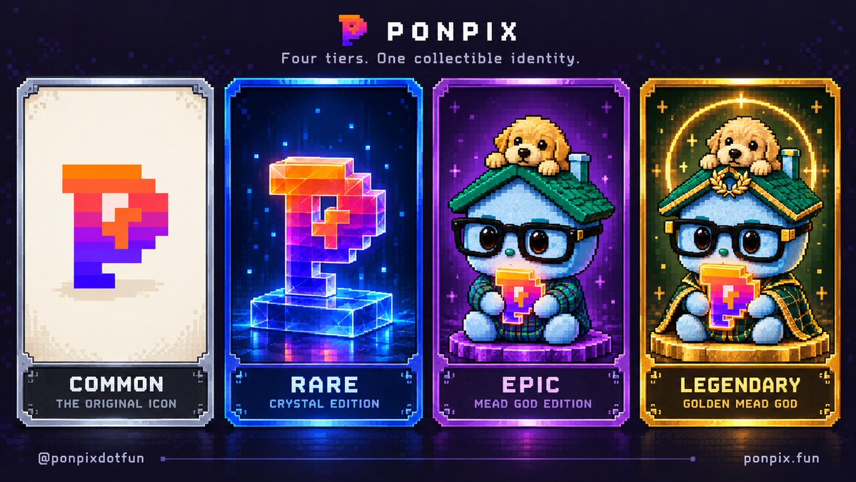 PonpixdotFun's tweet photo. From the original pixel to Golden Mead God.

A first look at PONPIX’s four-tier collectible design, each class with a distinct visual identity:

⬜ COMMON : The original PONPIX icon. Clean geometry, signature colors, and the identity that started the collection.
🟦 RARE : The icon takes crystalline form, with sapphire accents and dimensional pixel detailing.
🟪 EPIC : Mead God enters the collection, bringing character, amethyst tones, and the unmistakable rooftop companion.
🟨 LEGENDARY : Golden Mead God. Emerald textures, gilded details, and a luminous halo complete the highest tier’s visual treatment.

One consistent pixel, art language, with increasingly intricate materials and character details across the four classes.

https://t.co/yHfIPD64w3