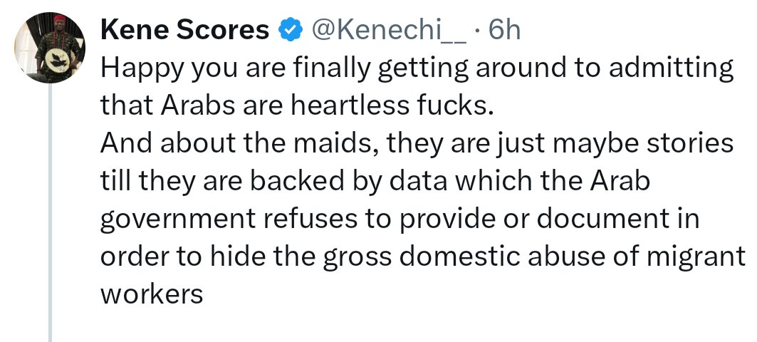mohmdHumayd's tweet photo. @Kenechi__ @nonamme145 😂😂😂 this is so rich, you keep telling to me bring non existant data supporting widespread abuse and here you are admitting "they are maybe stories"
No you fucking bitch, they are primarily stories. Any Arab who abuses their maids is banned from getting another one https://t.co/wQa4MlQR4B