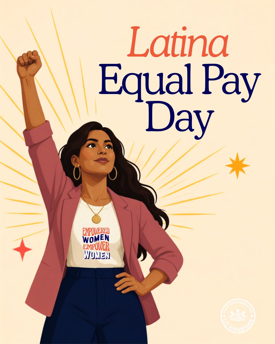 RepHanbidge's tweet photo. It's Latina Equal Pay Day, a reminder that pay disparities continue across the country, w/Latina workers facing some of the largest gaps. Latina women make only 53 cents for every $1.00 for non-Hispanic men.  Everyone who does the same job deserves a fair shot @ the same paycheck https://t.co/c0Gp4SXEB8