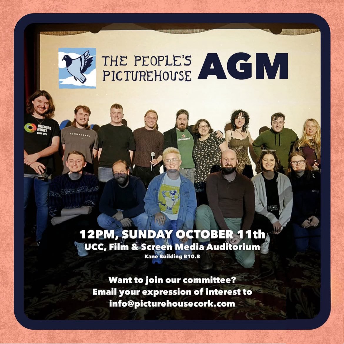 picturecork's tweet photo. Fancy joining the Picturehouse committee?
Our AGM is next Sunday, October 11th at 12pm in UCC's Film & Screen Media Auditorium.
Interested? Email info@picturehousecork.com for more info on available positions.
#filmincork https://t.co/dWwMPkj6z8