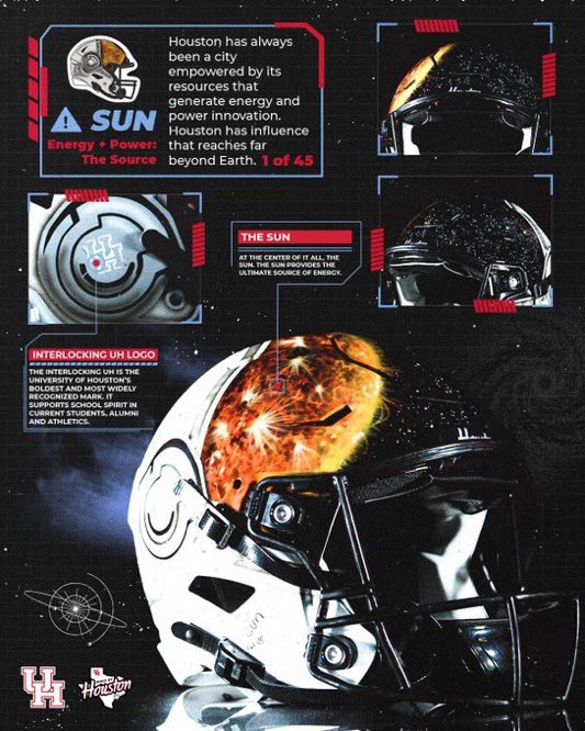 BarstoolBig12's tweet photo. Missed this last night:

Houston unveiled new Space themed helmets ahead of this morning’s game against UCF

Space City vs Space U 👀☄️ https://t.co/emPIoXr5ww