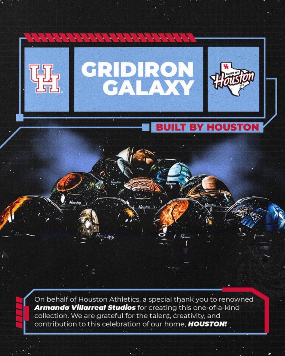 BarstoolBig12's tweet photo. Missed this last night:

Houston unveiled new Space themed helmets ahead of this morning’s game against UCF

Space City vs Space U 👀☄️ https://t.co/emPIoXr5ww