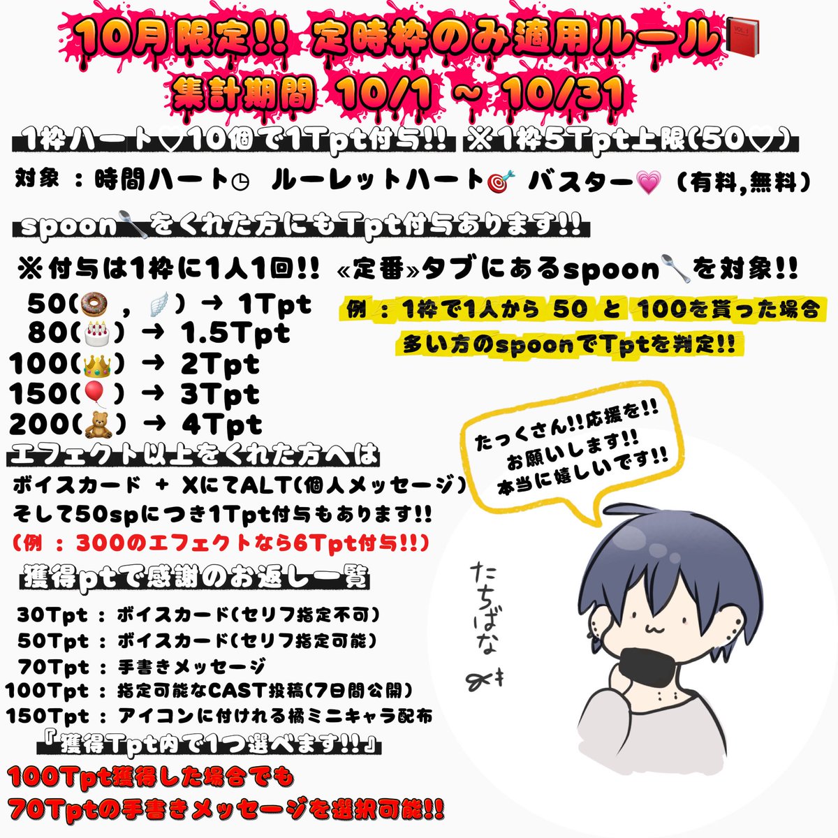 Tachibana3_sp's tweet photo. 〖10月限定！定時枠のみ適用！！〗
そして！今日の22時の配信から！
橘くんはぜーんぶほしい！とのことで
Tpt付与の月間イベントも用意しました！
詳しい内容は⬇️に！
わからないことは配信中に全然聞いて
ください！(˘ω˘👂)
獲得Tptでお返しもあります！
応援をお願い致します✊🏻🔥 https://t.co/hvZHStKnFV