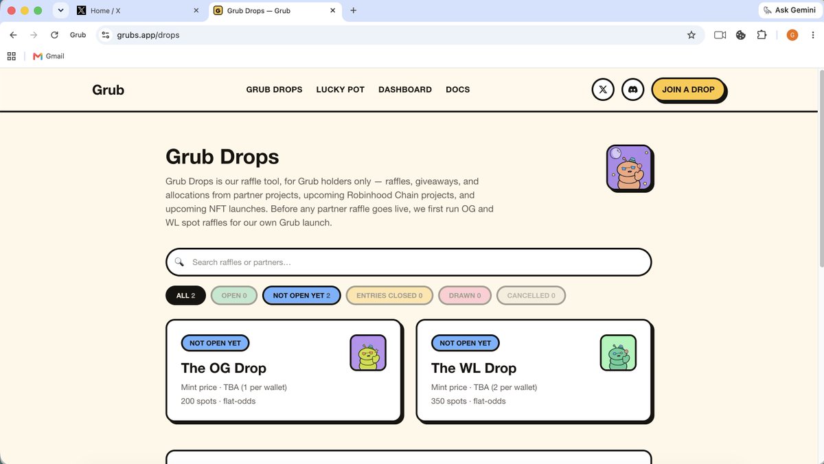 grub_nfts's tweet photo. Most projects launch a roadmap. we launched the product.

quick tour of https://t.co/ter0nNTL96 ↓

1/ grub drops: our raffle tool. OG and WL spots for our own mint first, then partner allowlists for holders https://t.co/TwDxprxJbV