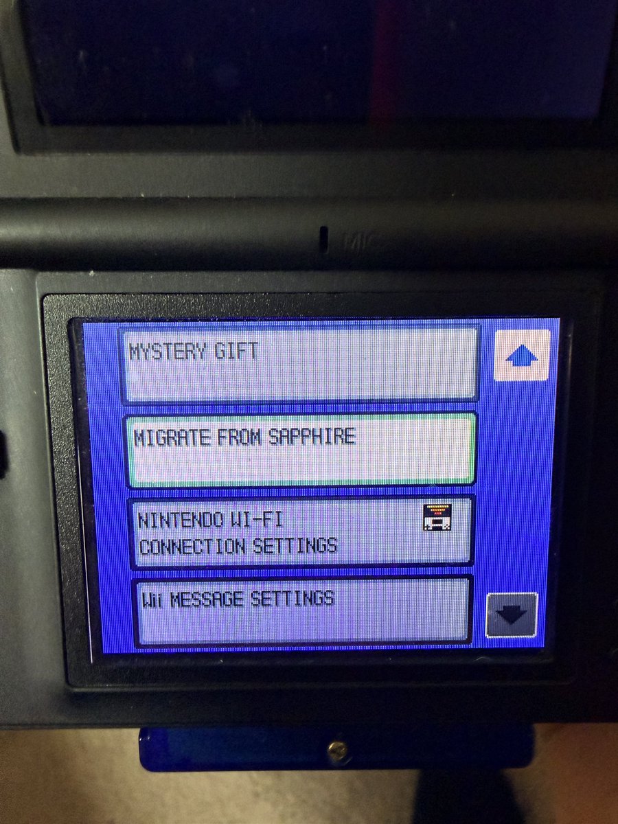 Strixite's tweet photo. @GlaxonXIII Also, a quick check to see if you have a legit copy is if you have a DS with a GBA slot and a copy of HGSS an option on the Home Screen on HGSS shows - Migrate from Sapphire as fake cartridges don’t show the option in HGSS https://t.co/Ecmp9ZG5vO