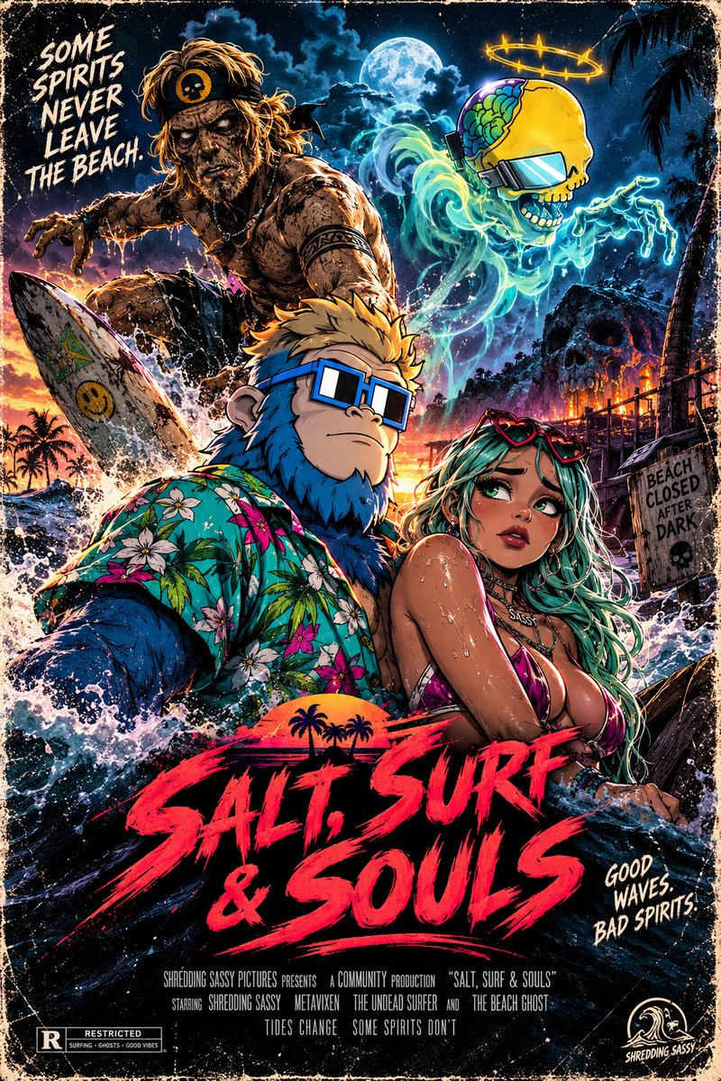 jacobyboyer_'s tweet photo. Beach closed after dark.
Surf at your own risk.

Feat.

@ShreddingSassy as the local legend
@MetaVixensNFT as the traveling toursit
@GhostLabNFT as the spirit of the beach

And introducing:
@WegenNFT as the undead surfer. https://t.co/qmhFtqbpa9