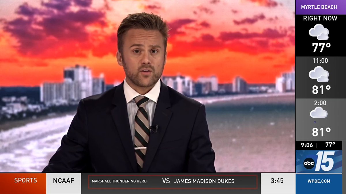 A news anchor on ABC 15 (WPDE.com) presents the weather for Myrtle Beach, showing current conditions of 77° with a forecast of 81° later, alongside a sports ticker for an NCAAF matchup: Marshall Thundering Herd vs James Madison Dukes at 3:45.
