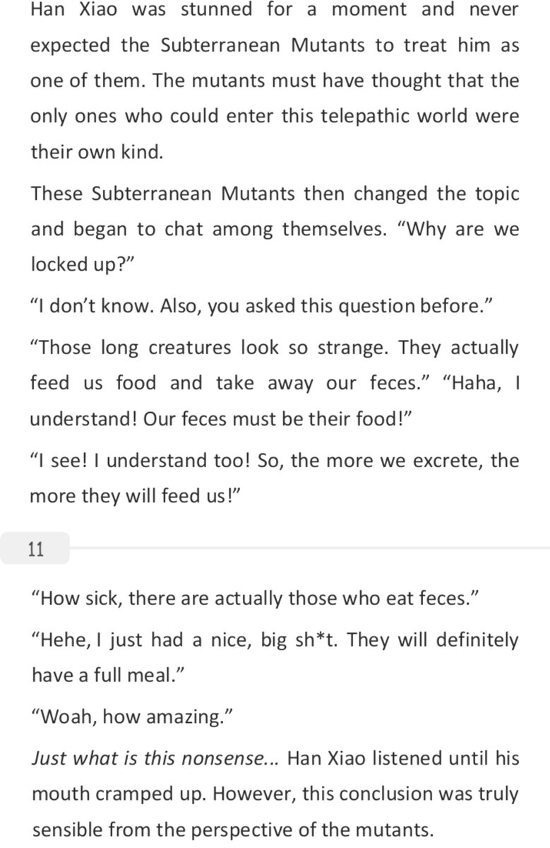 Novel_Haven's tweet photo. POV: You're trying to save the subterranean mutants and they hit you with THIS logic๐
Subterranean Mutant: "Our poop is their food! So the more we poop, the more they feed us!"
Han Xiao: "Just what is this nonsense๐"
#TLM #NovelHaven https://t.co/12UkDAY3Ib