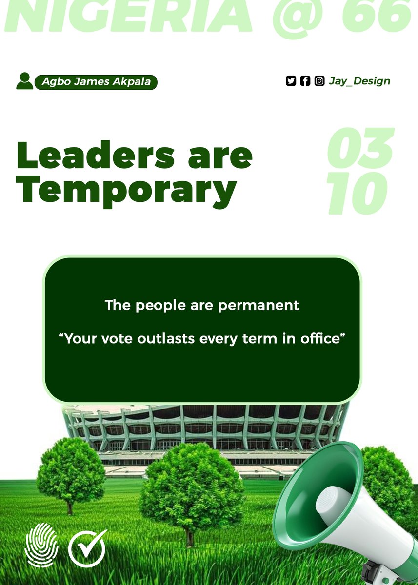AgboAugust's tweet photo. Leaders are temporary.
The people are permanent.Your vote outlasts every term in office. Show up in 2027.
Remain the constant.
#IndependenceVotes #Vote2027 #ThePeopleArePermanent #NigeriaDecides2027 https://t.co/o8P9rFn6VV