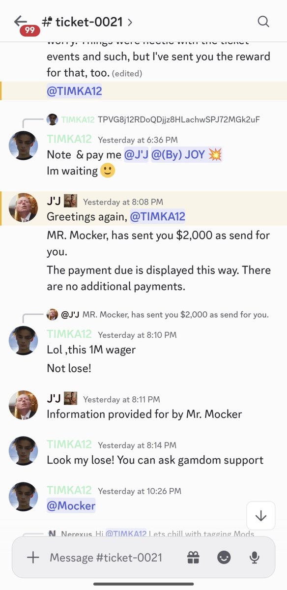 Timkha12's tweet photo. You think Mocker is good? Sure, they're okay, but not consistently so. I’m a VIP —I wagered $1.1M and had total losses of $65k (including over $13k last month)—yet Mocker didn't pay out any loss back, they only pay the $1M wager volume. It's embarrassing. @mockerbey 
@gamdom https://t.co/P5DvMvyxm9