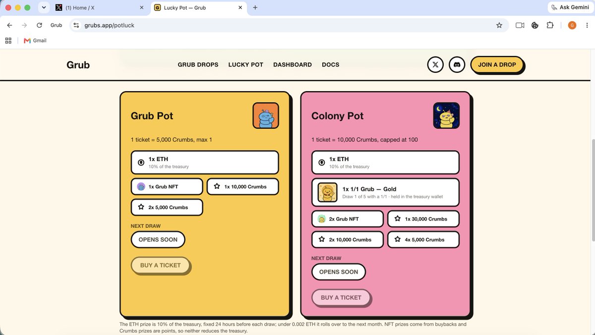 grub_nfts's tweet photo. 3/ lucky pot: two monthly draws paid from the treasury. ETH, grubs, and five 1/1s https://t.co/2RluqyIgds