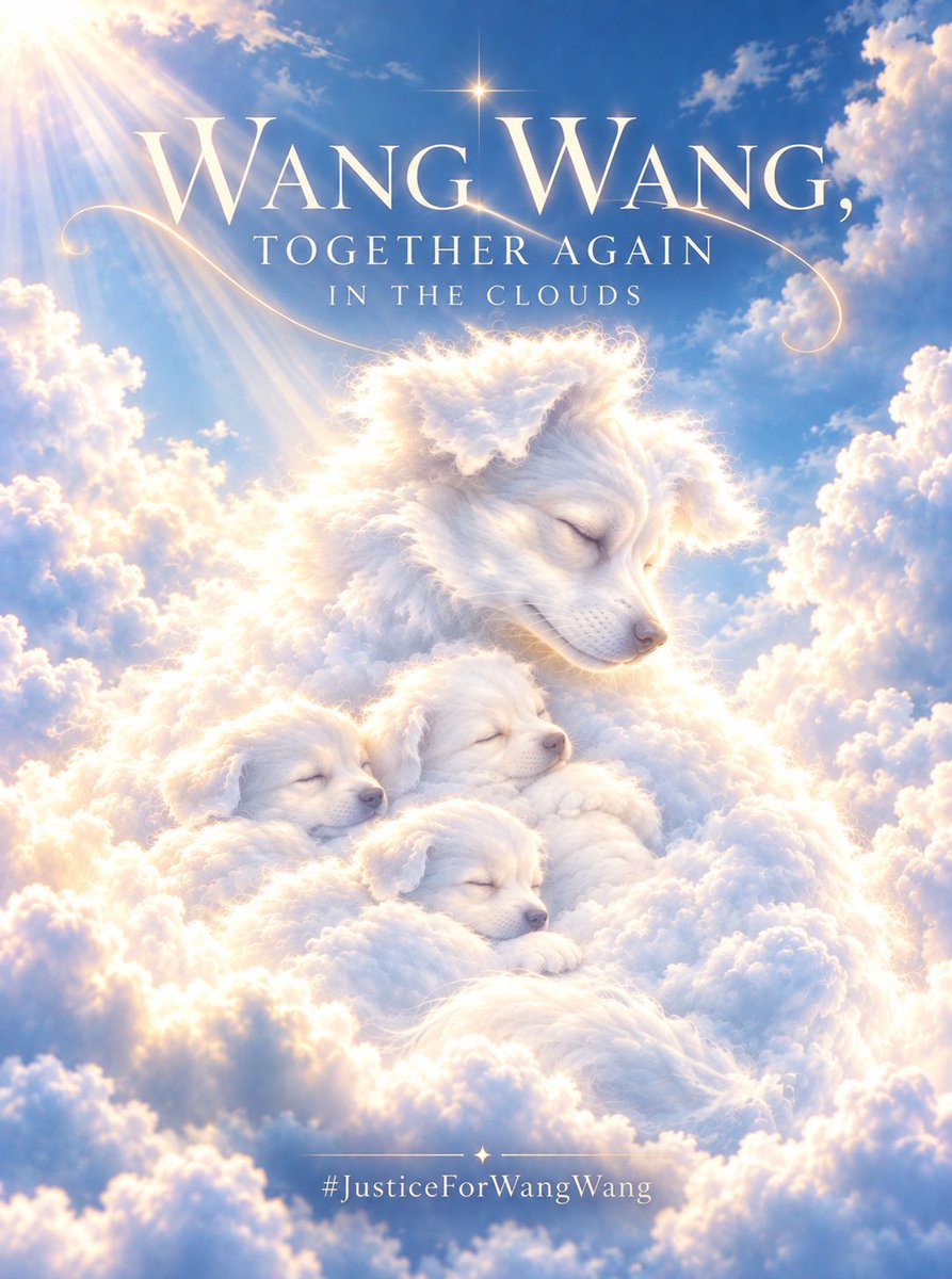 PeiLiu570497's tweet photo. ☁️ WANG WANG, TOGETHER AGAIN IN THE CLOUDS.

願你們在雲端不再害怕，
不再受傷，只有陽光、雲朵與彼此的陪伴。

我們沒有忘記你。
也不會停止為你們尋求正義。

Never forget Wang Wang.
Justice for Wang Wang and her puppies.

#JusticeForWangWang
#旺旺 #wangwang#stopanimalcruelty https://t.co/457RVICGRr