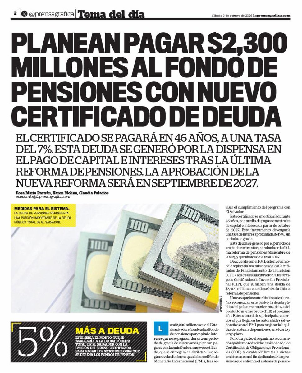 Lemusrafa's tweet photo. ❎ #ElSalvador el impago al fondo de #Ahorro de los #Trabajadores lo tienen acordado con el #FMI pagarlo con otra #Deuda
❎ La receta es: No se pagó capital e intereses por 4 años (2023 al 2026) y en el 2027 pagar con otro papel del #Gobierno a 46 años y cuotas por semestre
❎ Agarran dólares del ahorro de los #Trabajadores y devuelven papeles de deuda sin valor (del mismo que cometió el impago) y que en el mercado nadie compraría.

❌ Devuelvan el ahorro de los trabajadores. Han sacado dólares devuelvan dólares