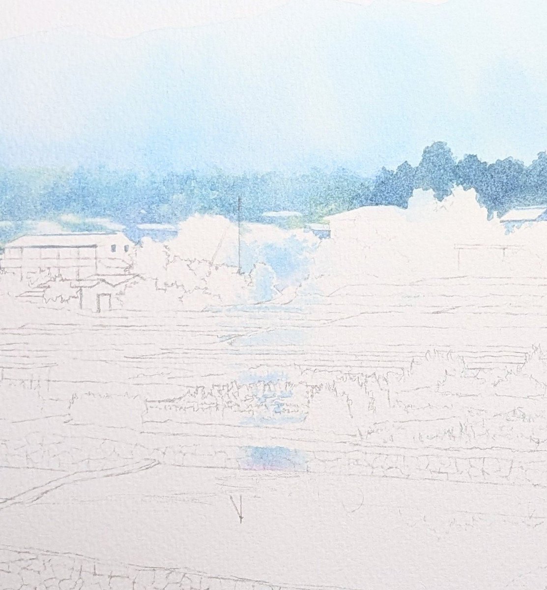 tommynaga7's tweet photo. こちらの絵のような光の筋をどのように描いているのかよくご質問をいただきます。

こういった光はリフティングではなく塗り残しにより表現しています。

塗り残す場所を分かりやすくするために、あらかじめ光っている部分だけ薄く描いておき、あとからそ���周りを描いています。　

#水彩画 https://t.co/JttuZAHFYX