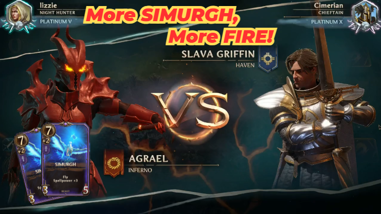 A screenshot from a mobile card game (likely Rift of the NecroDancer) showing a battle screen with the text 'More SIMURGH, More FIRE!' featuring a red fiery demon character 'AGRAEL' on the left versus a knight character 'SLAVA GRIFFIN' on the right, with a 'SIMURGH' card visible.