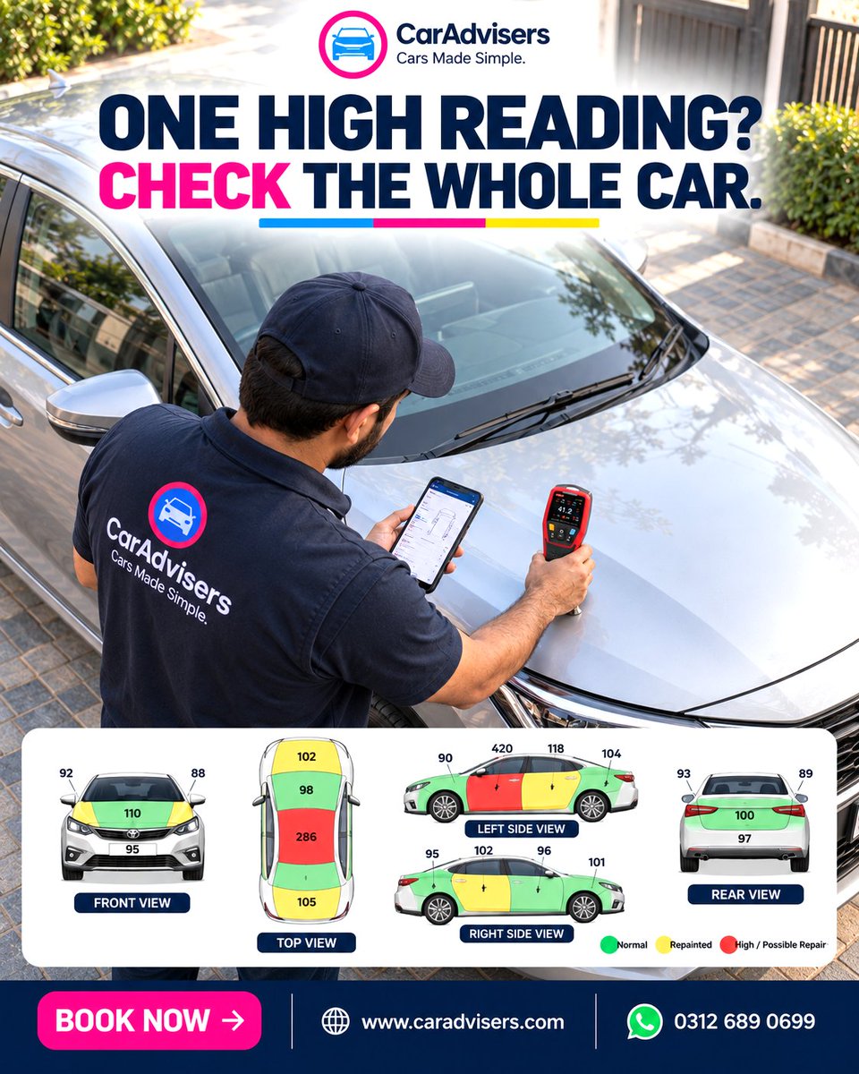 caradviserspak's tweet photo. One high paint-meter reading does 𝗻𝗼𝘁 automatically mean accident damage. Compare multiple panels, paint consistency, body alignment and structural signs before deciding.
#CarInspection #PaintMeter #CarAdvisers https://t.co/fJpX7YCVuv