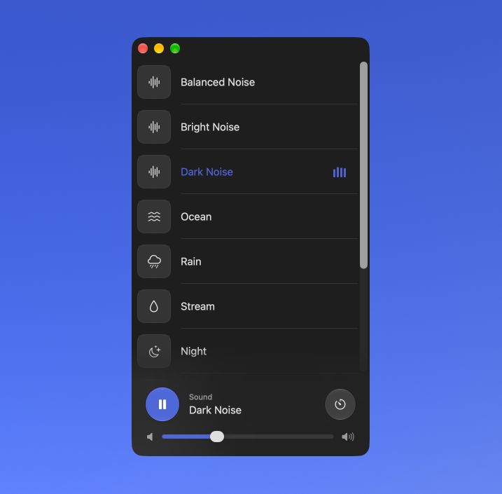 tomblixt's tweet photo. Released the first version of Noisy. A tiny Mac app that makes macOSs built-in Background Sounds easy to use https://t.co/BXvUqXUfql