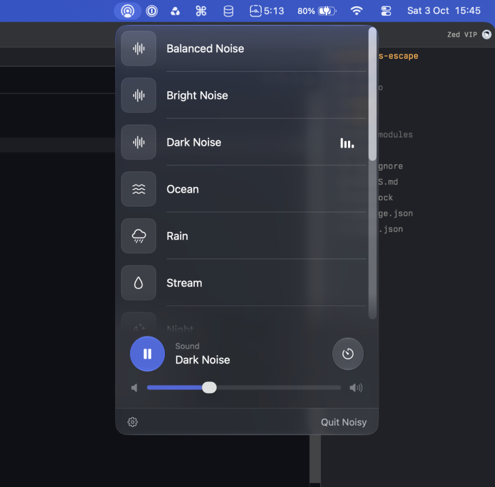 tomblixt's tweet photo. Released the first version of Noisy. A tiny Mac app that makes macOSs built-in Background Sounds easy to use https://t.co/BXvUqXUfql
