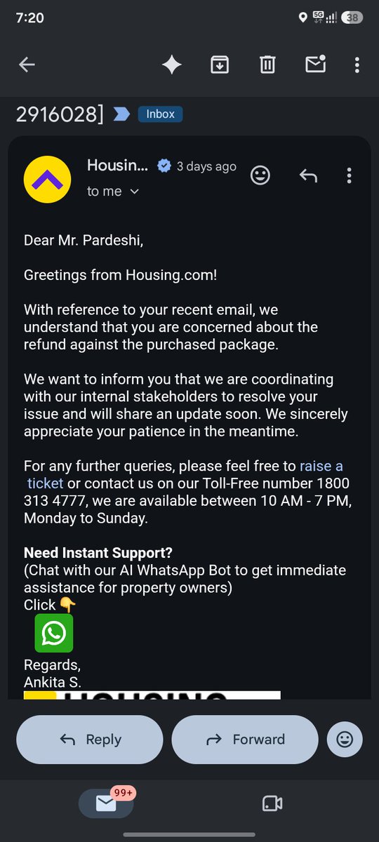 navinpardeshi25's tweet photo. After 3 days also 
@HousingCares had not got resolution to my e.mail can i know When will get my refund initiate ??? Ankita s https://t.co/VU1uYfHby8