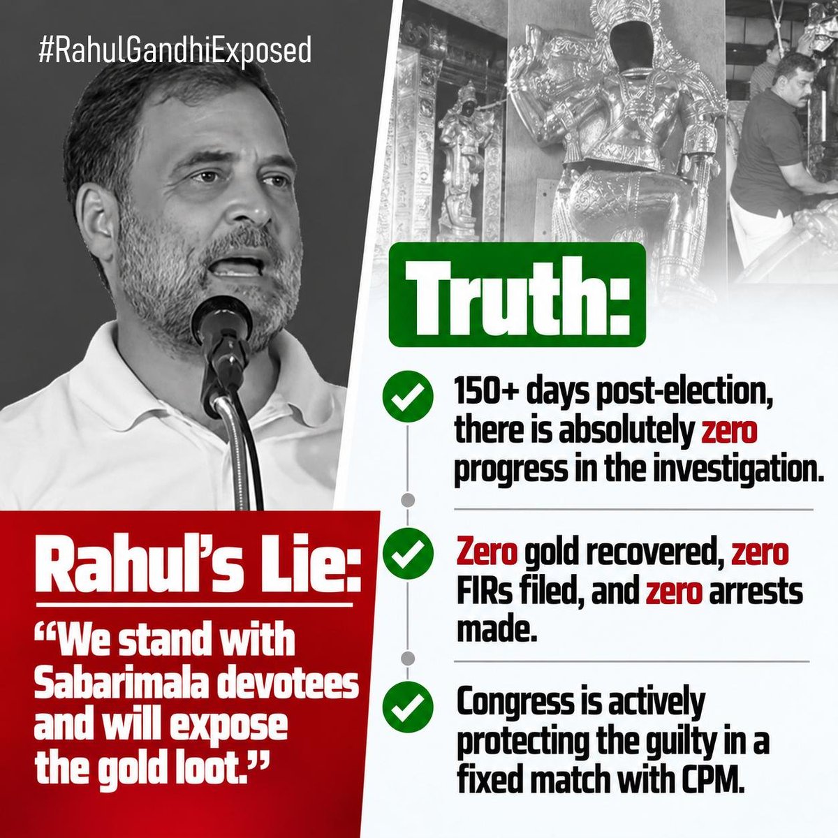RajeevRC_X's tweet photo. Congress composed a song invoking Lord Ayyappa to exploit the Sabarimala issue for votes. Yet, after 150 days post-election, zero progress has been made, zero gold recovered, and zero FIRs filed. Congress is actively protecting the guilty in a fixed match with CPM! (13/🧵)

#RahulGandhiExposed #PoliticsOfLies #CongressPoliticsOfCorruption