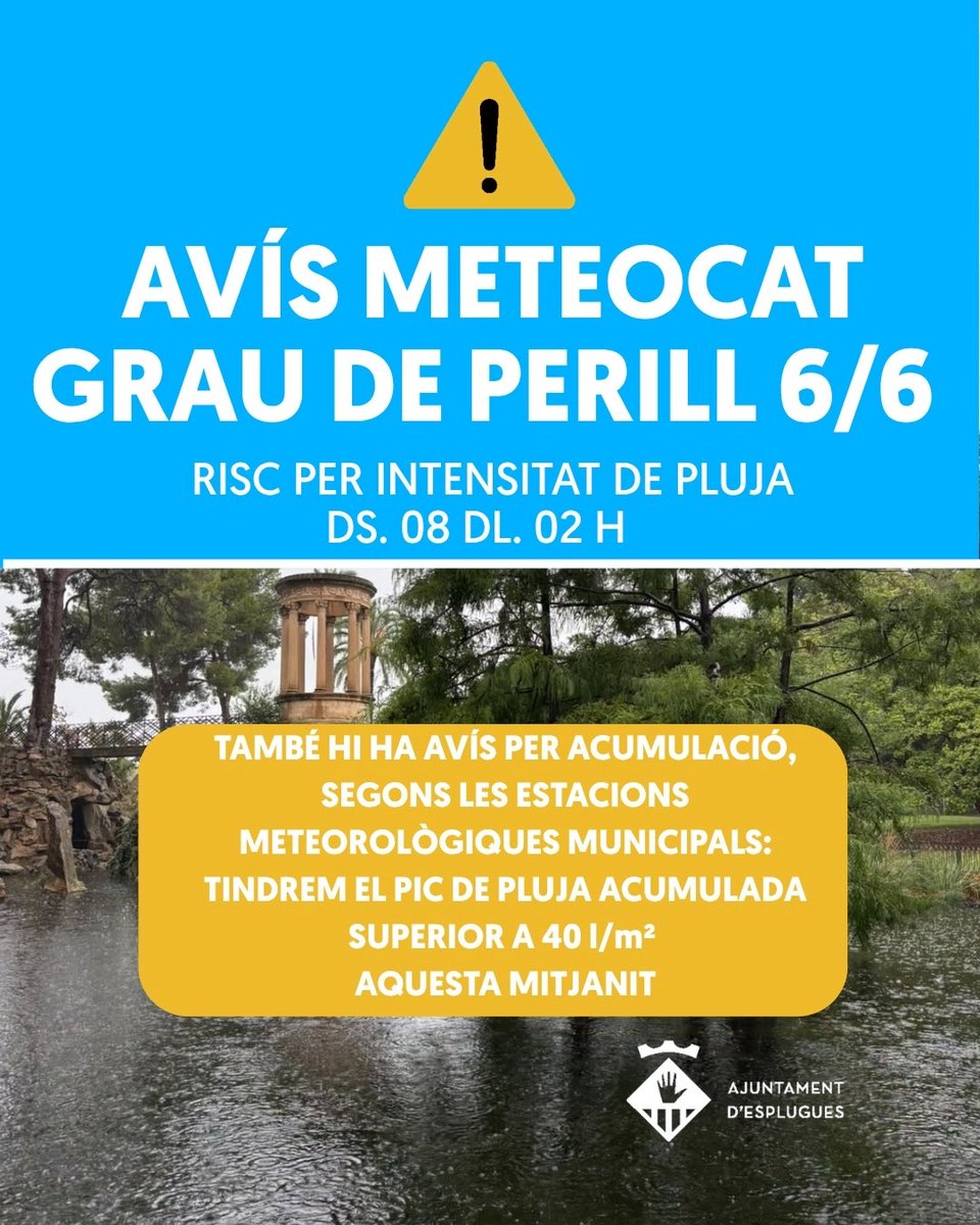 ajesplugues's tweet photo. 🌧️ ALERTA per pluges intenses.

El Meteocat ha emès alerta de grau de perill màxim 6/6 per intensitat de pluja i  5/6 per acumulació.

⚠️ Davant d’aquesta situació, demanem evitar els desplaçaments i extremar les precaucions.

En cas d’emergència, truca al 112.

📲 SEGUEIX fonts oficials @ajesplugues - @gencat -@emergenciescat
