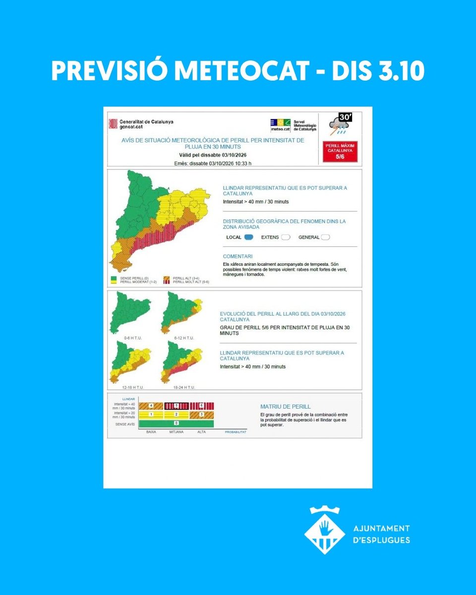 ajesplugues's tweet photo. 🌧️ ALERTA per pluges intenses.

El Meteocat ha emès alerta de grau de perill màxim 6/6 per intensitat de pluja i  5/6 per acumulació.

⚠️ Davant d’aquesta situació, demanem evitar els desplaçaments i extremar les precaucions.

En cas d’emergència, truca al 112.

📲 SEGUEIX fonts oficials @ajesplugues - @gencat -@emergenciescat