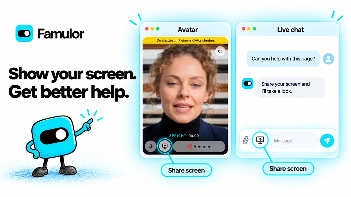 Famulorai's tweet photo. Need help with a setup page or an error message? Visitors can now share their screen, a window or a browser tab with a Famulor AI assistant during web-widget chat or voice conversations. 
Try now https://t.co/wxBemctgxR https://t.co/QFEimBdUUu