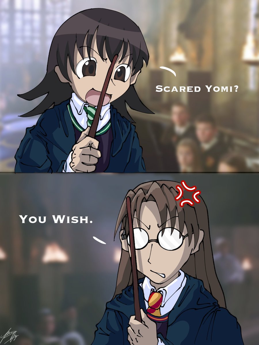 l_luvcunN's tweet photo. Face off between Tomo and Yomi on their first wizard Duel!!

#AzumangaDaioh #FanArt https://t.co/qcom8SkM1c