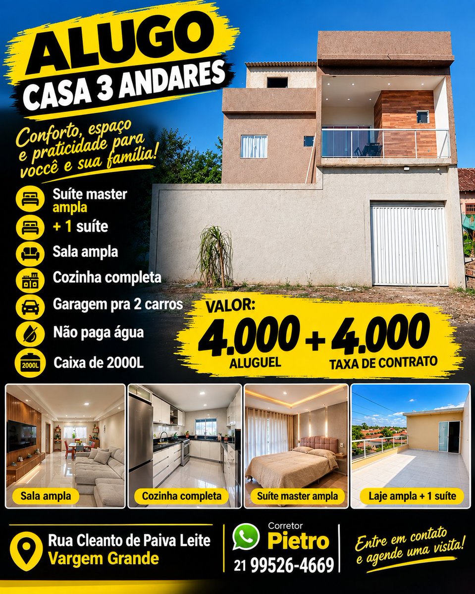 AkhenatonDe's tweet photo. Alugo casa 3 andares
Suíte master ampla
1 suíte
Sala ampla
Laje ampla com 1 suíte no último andar
Cozinha completa
Vaga pra 2 🚗 
Não paga água
Caixa de 2000L
Valor: 4k aluguel+ 4k taxa de contrato
End: Rua Cleanto de Paiva Leite - Vargem Grande 
Corretor Pietro
21 99526-4669 https://t.co/H0cmq3GZsv