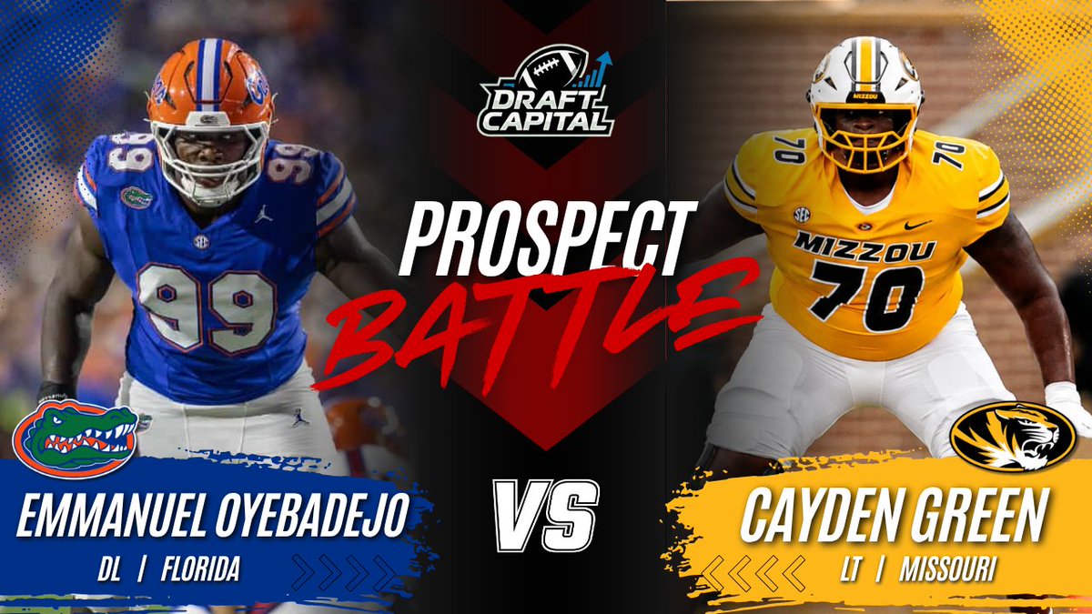 TheDraftCapital's tweet photo. 🥊2027 NFL Draft Prospect Battle🥊

Florida EDGE Emmanuel Oyebadejo vs Missouri LT Cayden Green

Two guys who will most likely play on the interior in the NFL face off https://t.co/0SAcMi5Alk