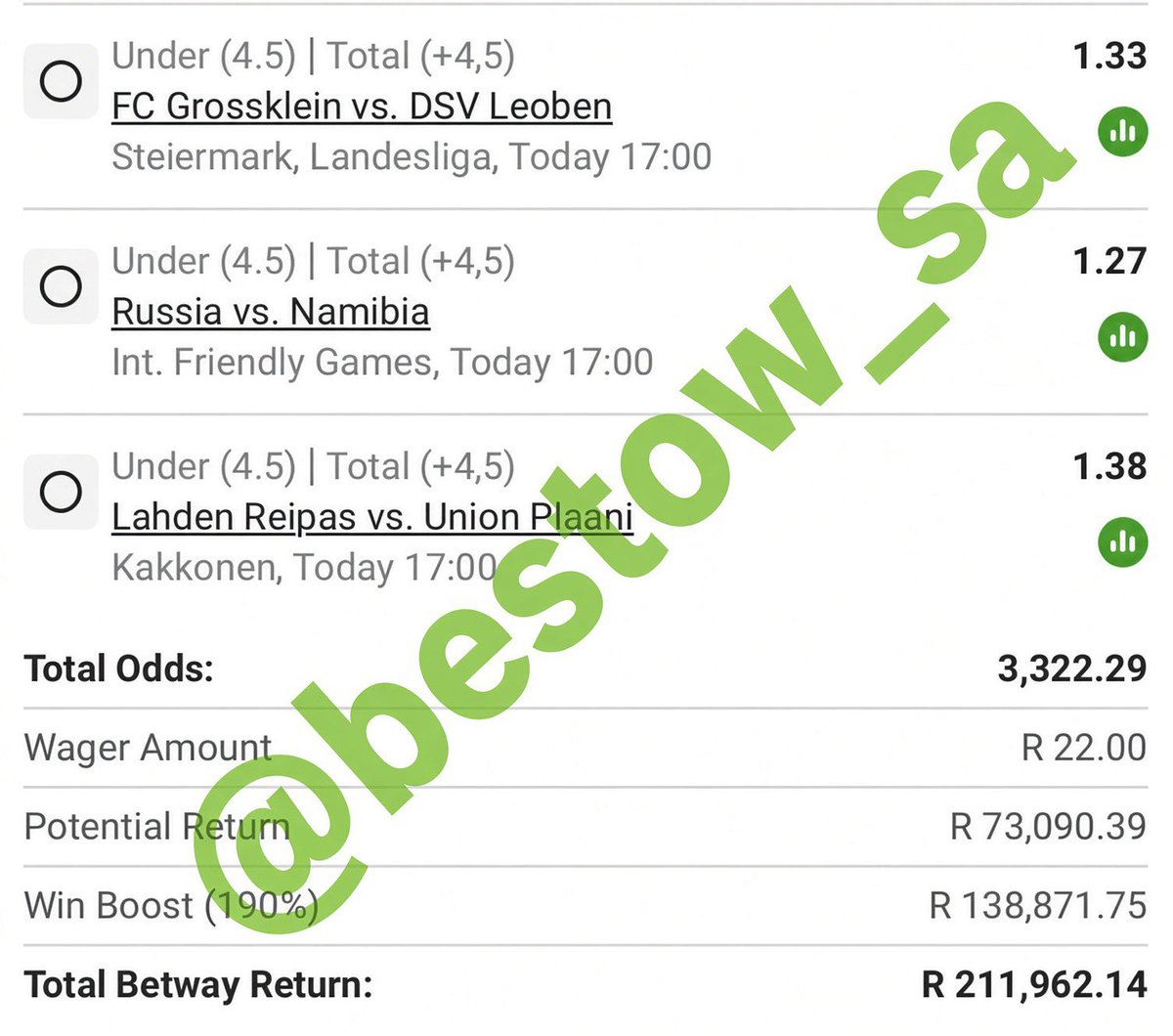 Bestow_SA's tweet photo. Betway Under 4.5 &amp; 5.5 Goals 🔥🔥

3.3k odds 💰💰

Code: BW771CED0D

Kick off - 17:00 ✈️✈️

(All games playing today) https://t.co/byv5r0hmtS