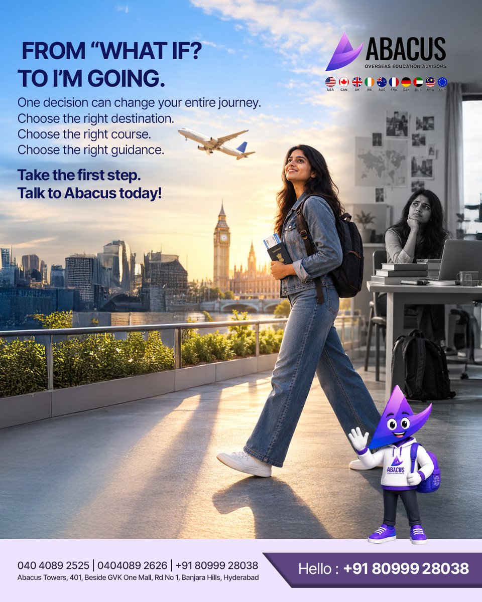abacus_groups's tweet photo. From “WHAT IF?” to “I’M GOING!” ✈️🎓
One decision can change your entire journey. Find your ideal university, choose the right course, and take your next step with expert guidance from Abacus Overseas Education Advisors!
#AbacusOverseas #StudyAbroadConsultants #OverseasEducation #StudyInUSA #VisaGuidance #GlobalEducation