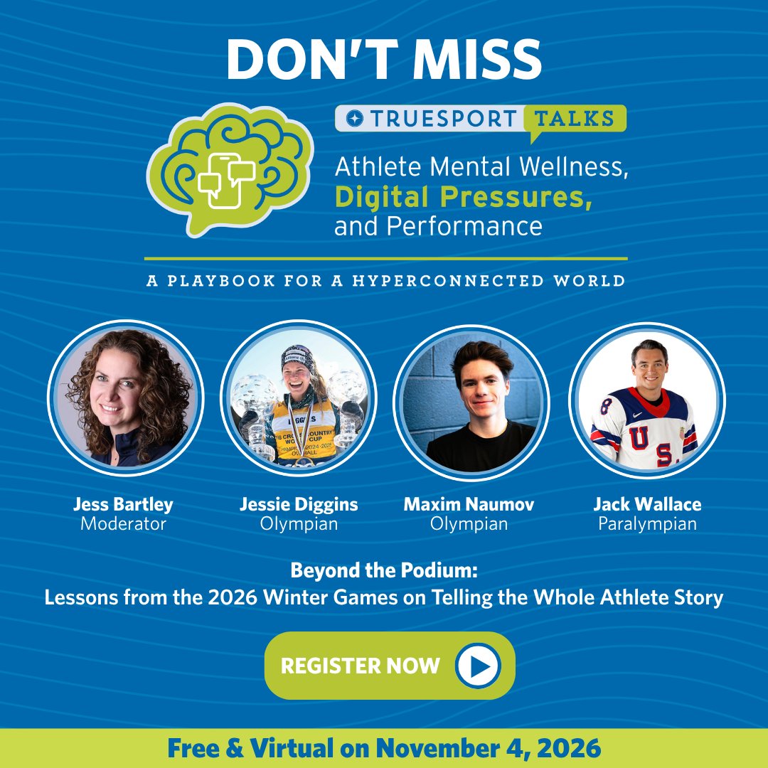 TrueSport's tweet photo. When performances are a constant broadcast, athlete stories become shaped in moments of pressure, setbacks, and success. At the 2026 TrueSport Talks Symposium, you’ll hear from Jessie Diggins, OLY, Maxim Naumov, OLY, and Jack Wallace, PLY in our ‘Beyond the Podium’ session with Lessons from the 2026 Winter Games. We’ll translate what is seen at the elite level into practical takeaways for coaches, leaders, and athletes to support healthier athlete experiences across the sport ecosystem.

Join us virtually on November 4 at 8:30 a.m. MST for this free event.
Register: https://t.co/EeTn0mqlpA

#TrueSportTalks #TrueSport #AthleteMentalWellness #YouthSports #Teamwork @jessdiggs @JWallace_USA